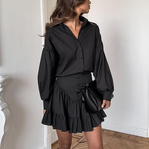 Autumn European and American fashion suit light luxury high-end shirt ballet mini skirt a-shaped version thin two-piece set
