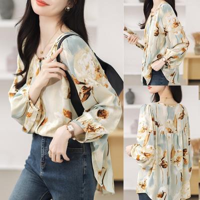 Frühling Neu Floral Mode Vielseitig Chiffon Hemd Langärmelig Rundhalsausschnitt Bedruckt Damen Oberteil