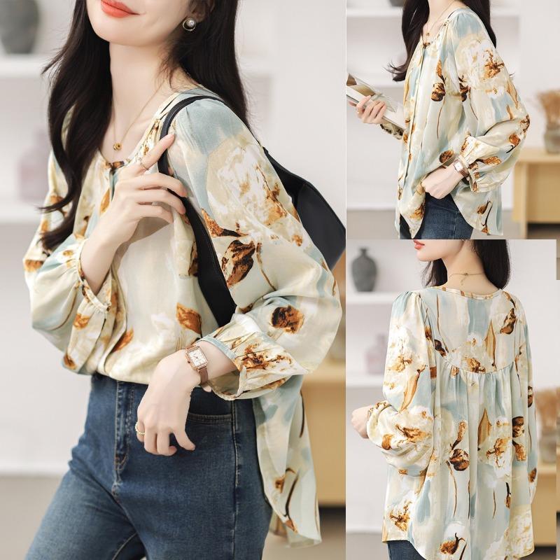 Spring New Floral Fashion Versatile Chiffon Shirt Long-sleeved Round Neck Printed Women's Top