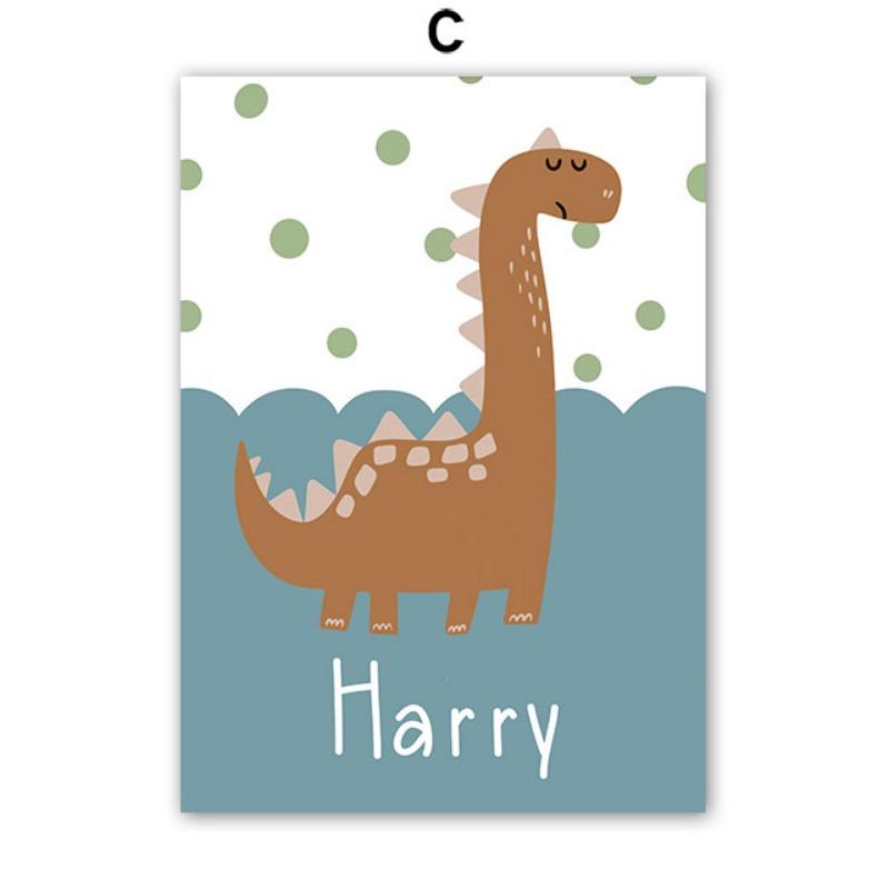 Cartoon Dinosaur Custom Baby Name Wall Art Canvas Painting Nordic Dino Posters And Prints Wall Pictures Children Kids Room Decor