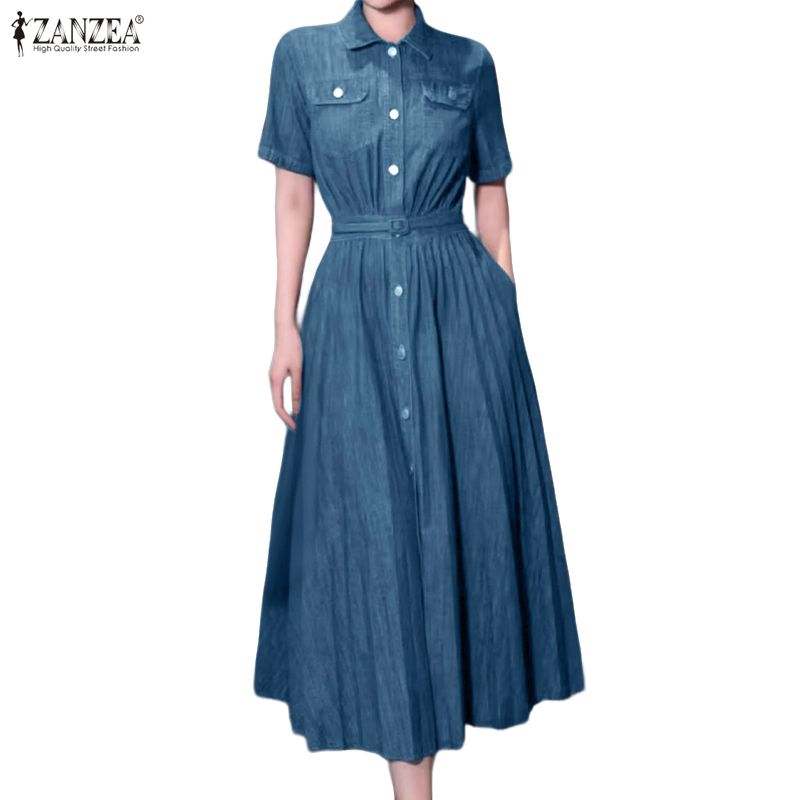 ZANZEA Women Turn Down Collar Summer Casual Short Sleeve Long Dress