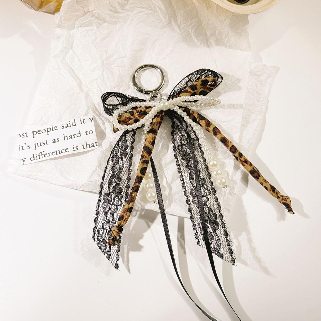 Neuer Schlüsselanhänger mit Schleife aus Leopardenband, Spitze, Imitationsperle, Modedesign, Anhänger, Taschenschlüsselanhänger, Handykette, Hängezubehör