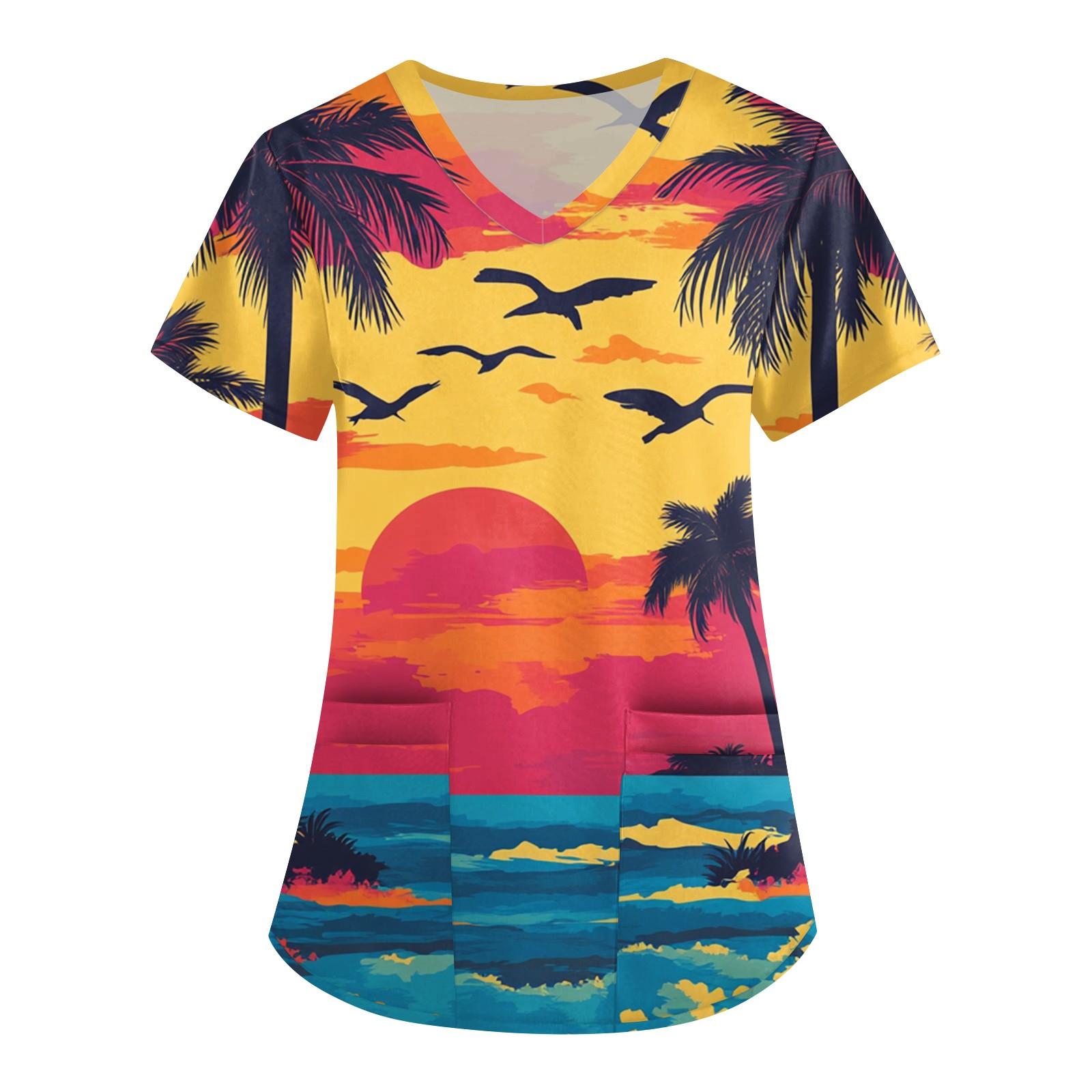 

Женская мода V-образный вырез с короткими рукавами рабочая одежда с карманом гавайский принт топ костюм для ухода XXXXL красный