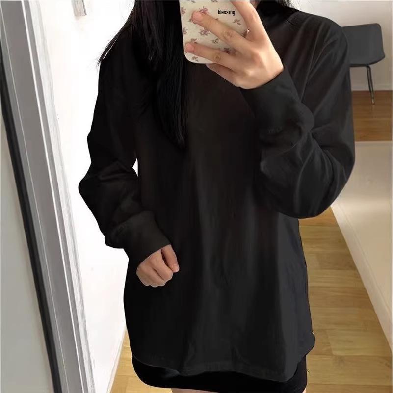 Women's White Pure Cotton Long-Sleeve T-shirt - Round Neck, Loose Fit, Ideal for Layering in Spring, Autumn, and Winter.