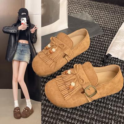 Zapatos Birken de cuero suave todo incluido para mujer, zapatos de una sola pieza con flecos y cuentas, nuevos para el otoño de 2025, zapatos planos de punta redonda de caña baja, zapatos Birken