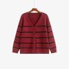 Plus Size Women's V-Neck Color Block Stripe Knit Cardigan - Loose Casual Winter Style