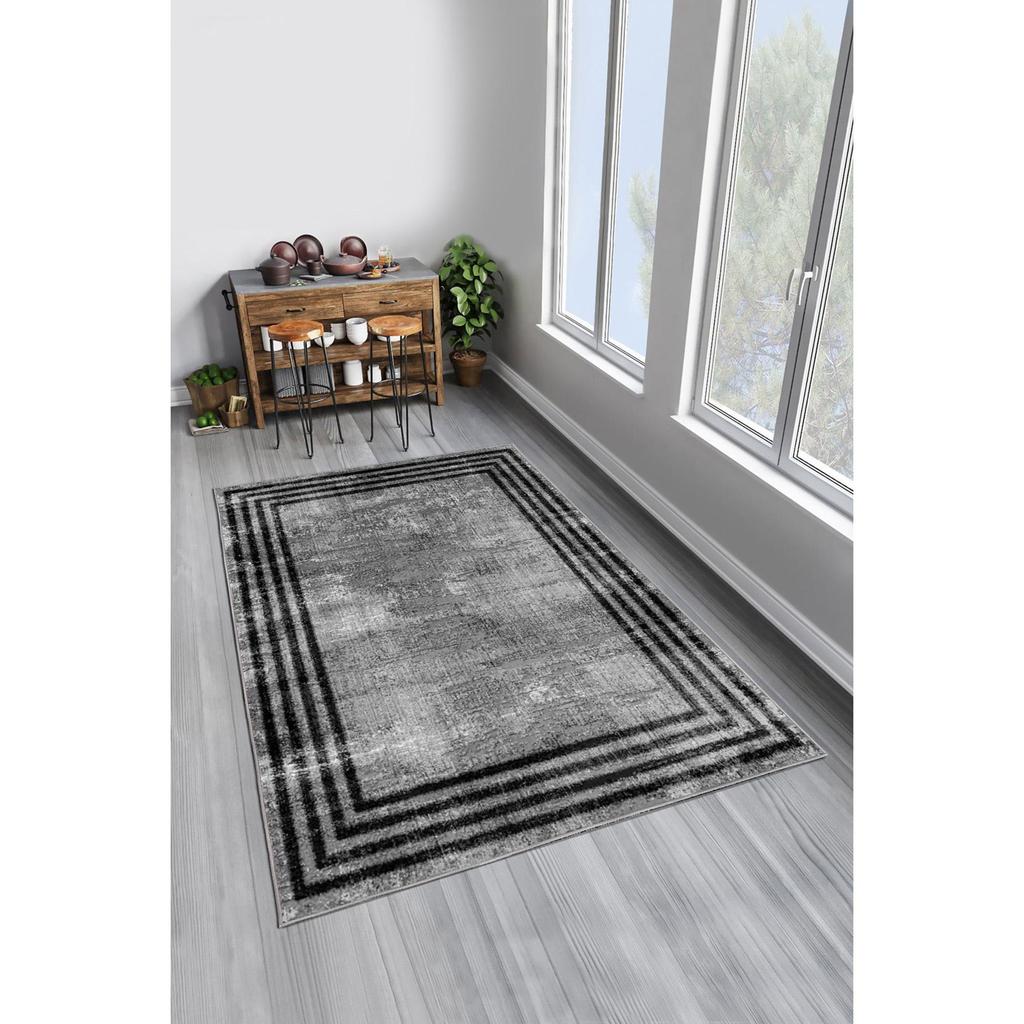 Decorative Non-Slip Base Anthracite Border Pattern Living Room Carpet Special Design, Thin, Washable Carpet