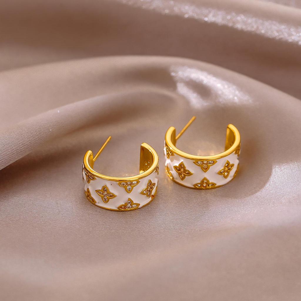 Elegant Four-Leaf Clover Zircon-Encrusted Hoop Earrings - Luxury Vintage European & American Design