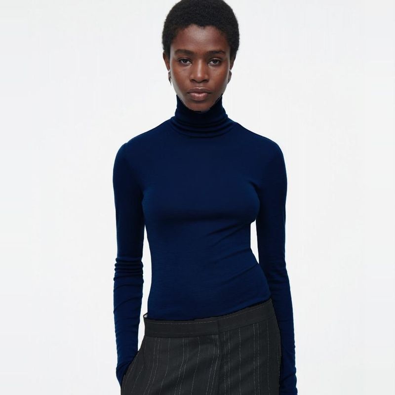 Mernu Wool Blend Sweater Turtleneck Regular Slim fit Slimming Angora Knit Bottoming Shirt Blue Angora