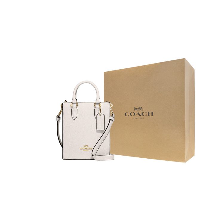 Coach N/S 14 Massivgold Logo Namensschild Beschläge Kieselsteinleder Tragetasche Einkaufstasche Schulter Crossbody Handtasche Mini Damen-Tote Weiß CJ500-IMCHK