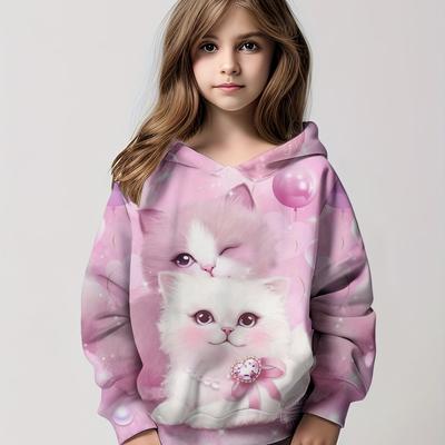 Girls, Lovely Cats Print Trendy Sweatshirt Tops Long Sleeve Hoodie Pullovers Kids Everyday Clothes
