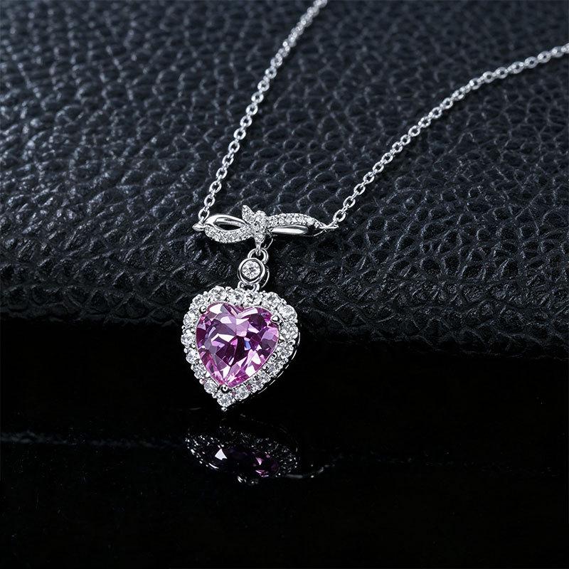 European S925 Sterling Silver Heart-Shaped Pink Sapphire Necklace with Diamond Bezel - Luxury Valentine's Day Gift for Her