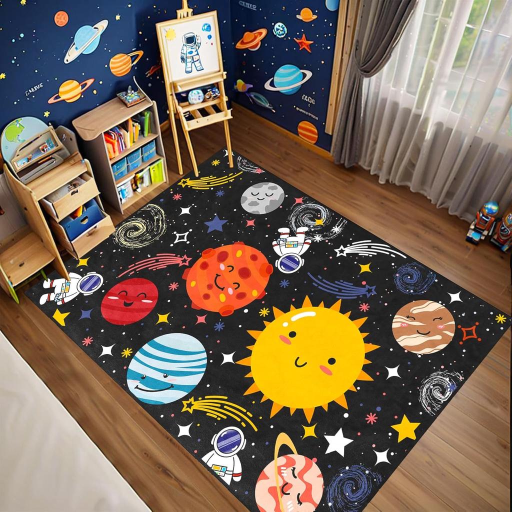 Solar System Rug for Kids - Galaxy Themed Playroom Carpet, Non-Slip Planet Print Floor Mat for Boys Bedroom, Classroom Decor