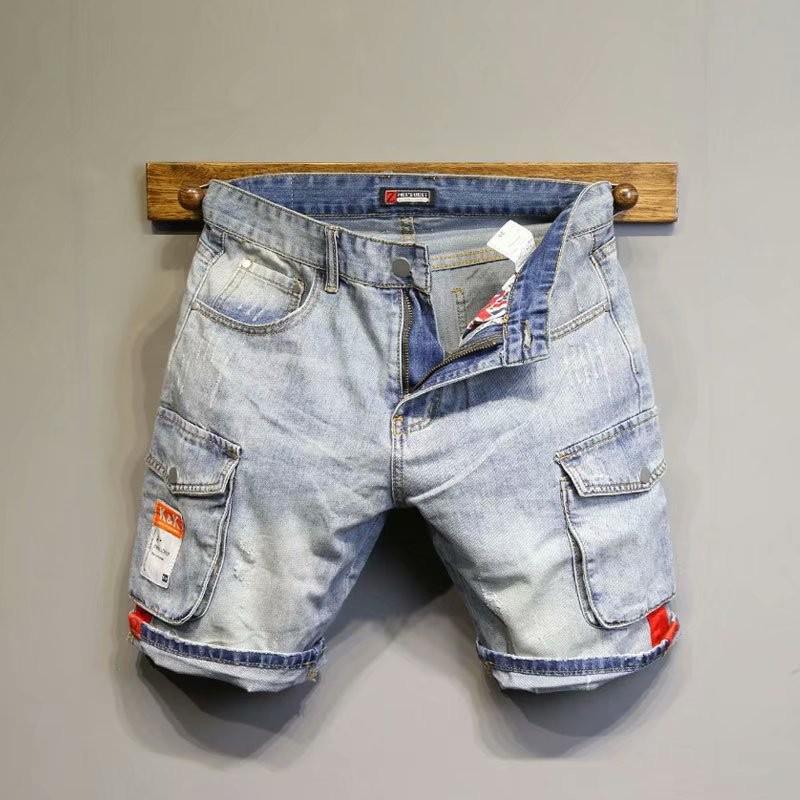 Men's Slim Light Blue Denim Workwear Shorts with Contrast Pockets