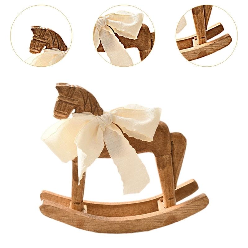 Simple Design Wooden Rocking Horse Figurine with White Ribbon for Home Nursery Table Decoration and Collectible Display
