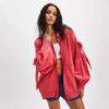 Women's Pink Hooded Zip-Up Jacket with Bow Sleeve Detail, White Top and Blue Denim Shorts