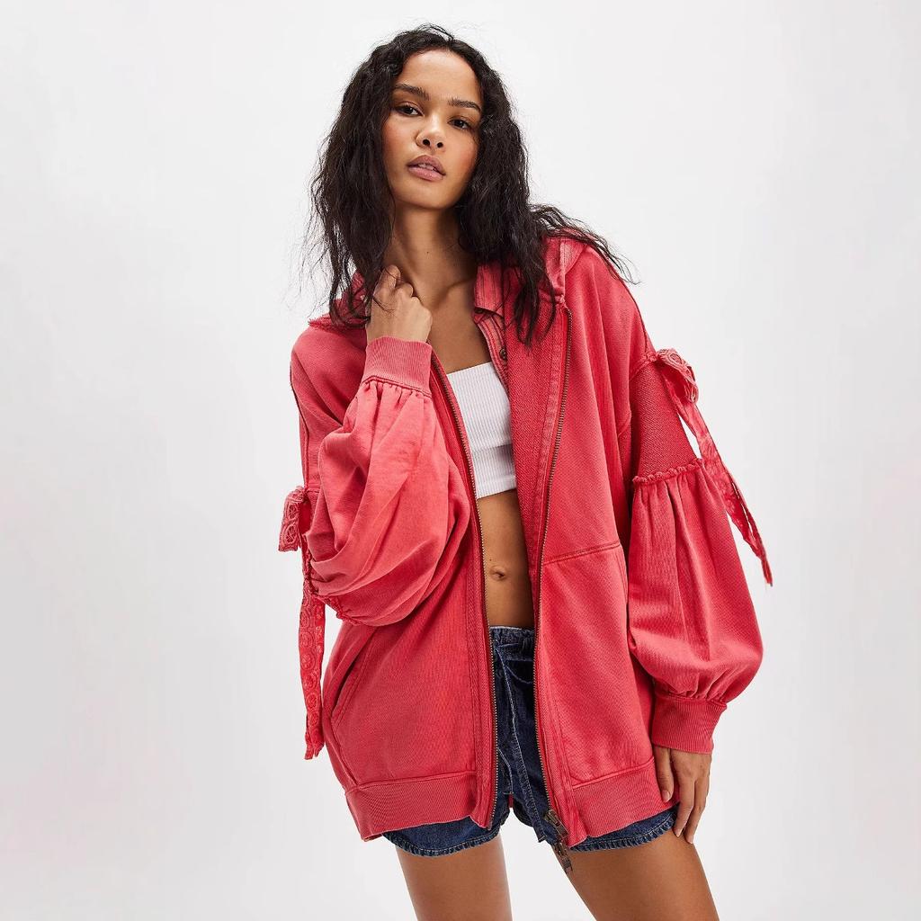 Women's Pink Hooded Zip-Up Jacket with Bow Sleeve Detail, White Top and Blue Denim Shorts