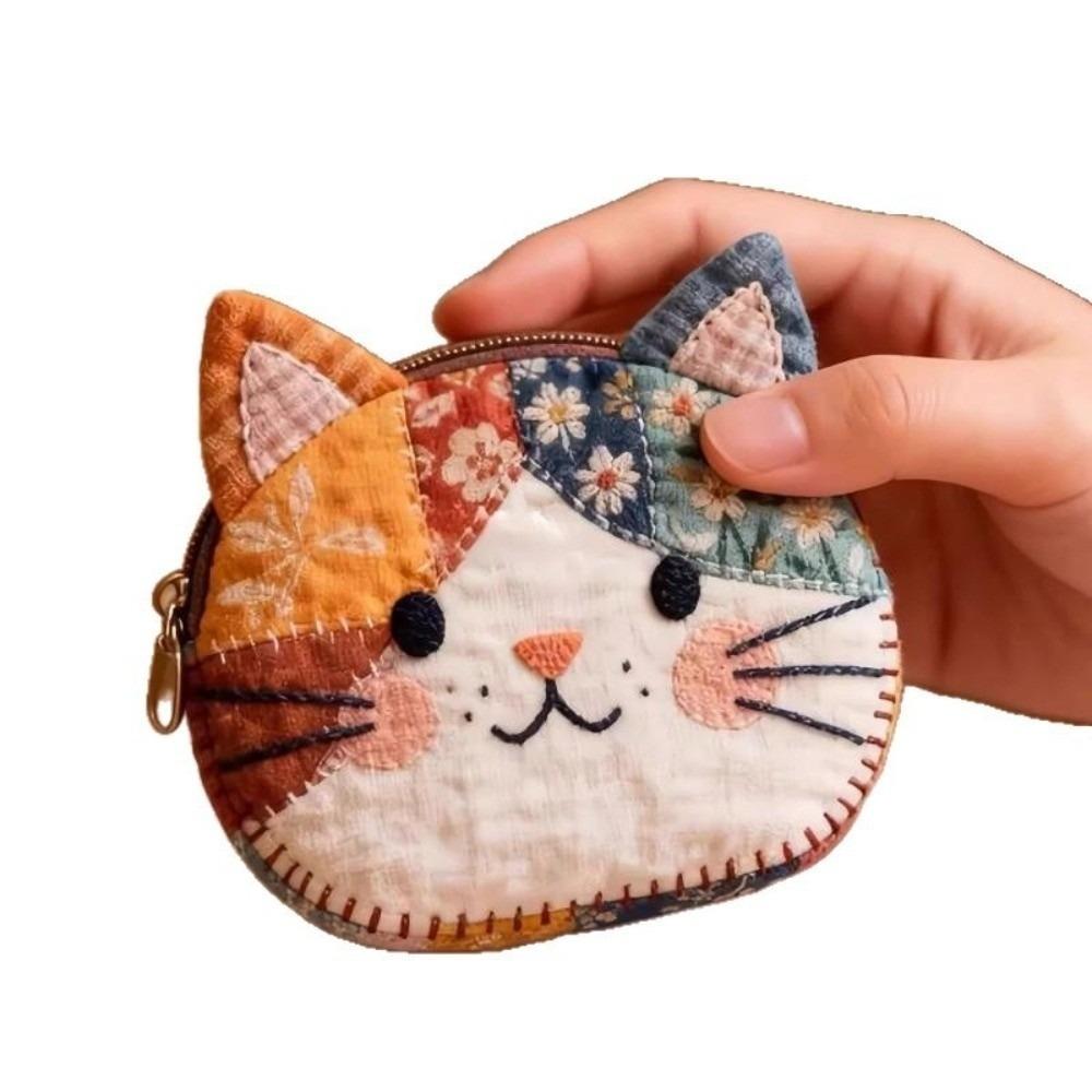 

Portable Patchwork Coin Purse Small Size Cute Pattern Cat Storage Case Large Capacity Zipper Design Stationery Pouch Home