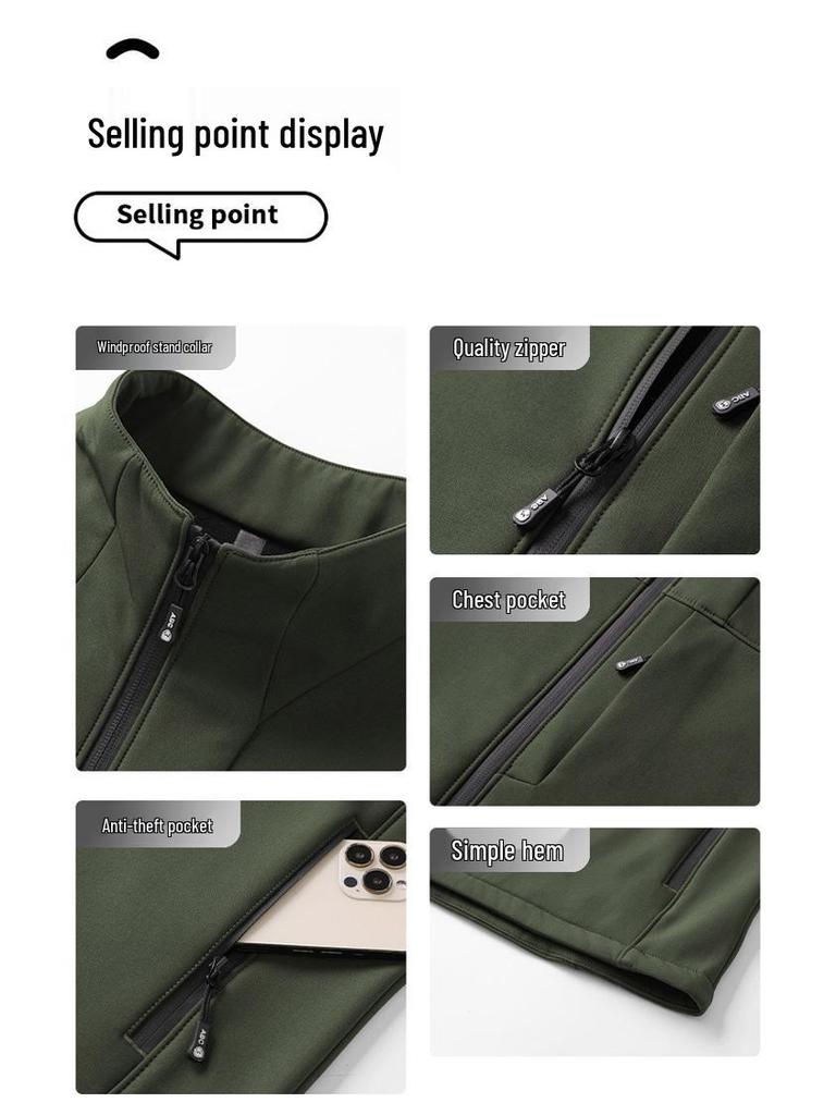 Men's Softshell Fleece Jacket for Autumn/Winter - Stand Collar, Casual Outdoor Mountaineering Coat