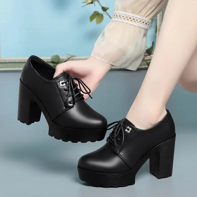 Chaussures Plateforme Épaisses Style Britannique en Cuir Souple 9.5cm Printemps 2026 Talons Hauts Bloc Chaussures Oxford pour Bureau Modèle Femme