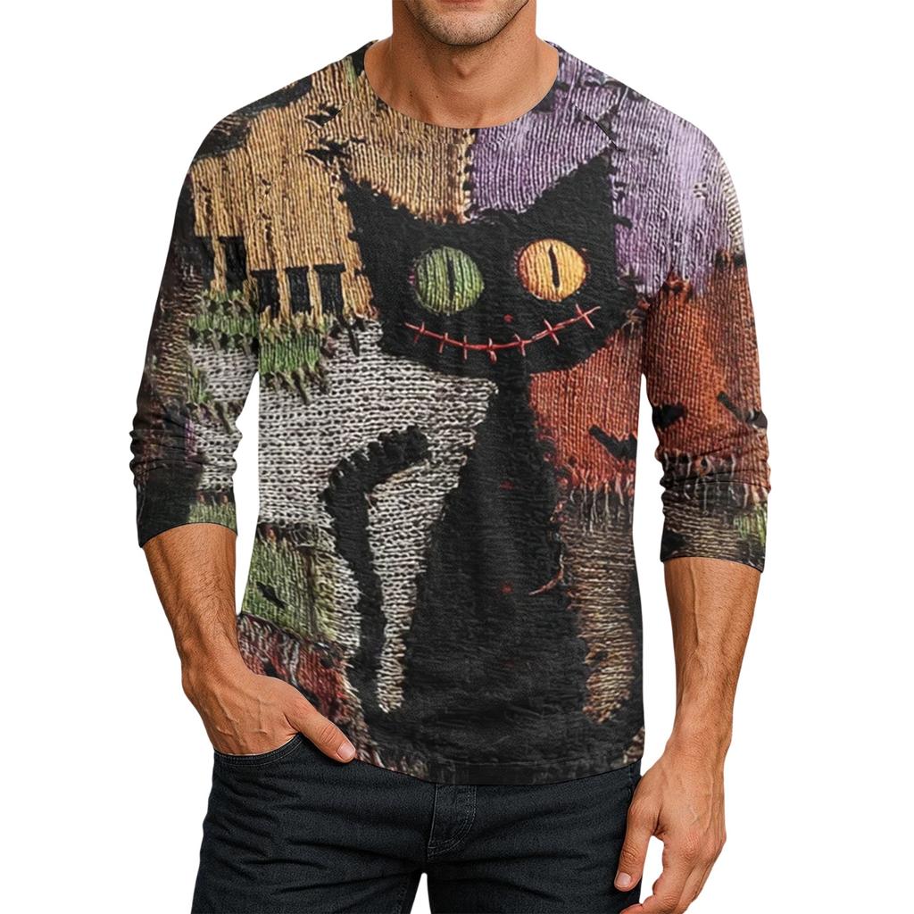 Men's Henley Neck Halloween Print Raglan Sleeve Three Quarter Length Shirt Casual Lightweight Pullover Top for Fall and Everyday Wear