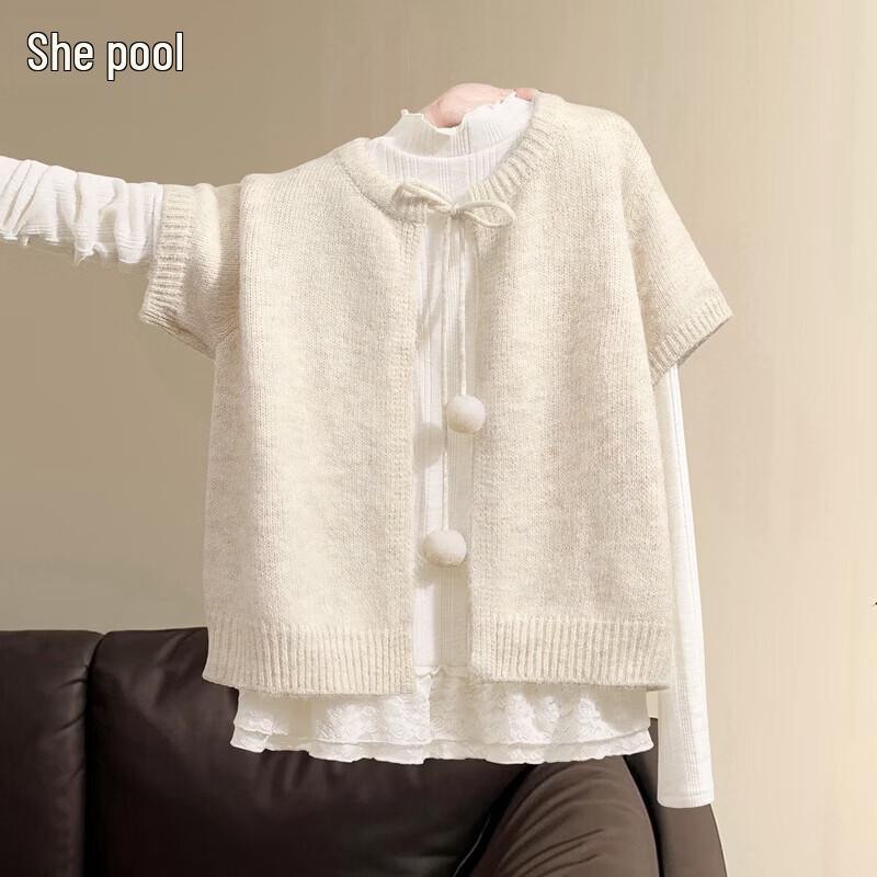 

Women s Lace-up Short Sleeve Knit Cardigan One Size