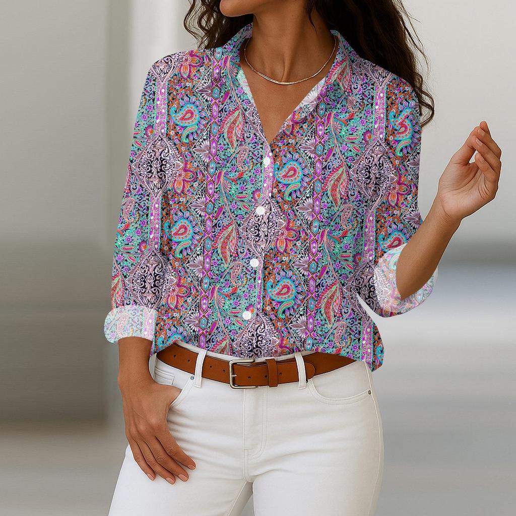 Women's Shirt With Floral Print Buttons, Long Sleeved Casual Regular Shirt Blouses Casual Plus Size Basic Tops