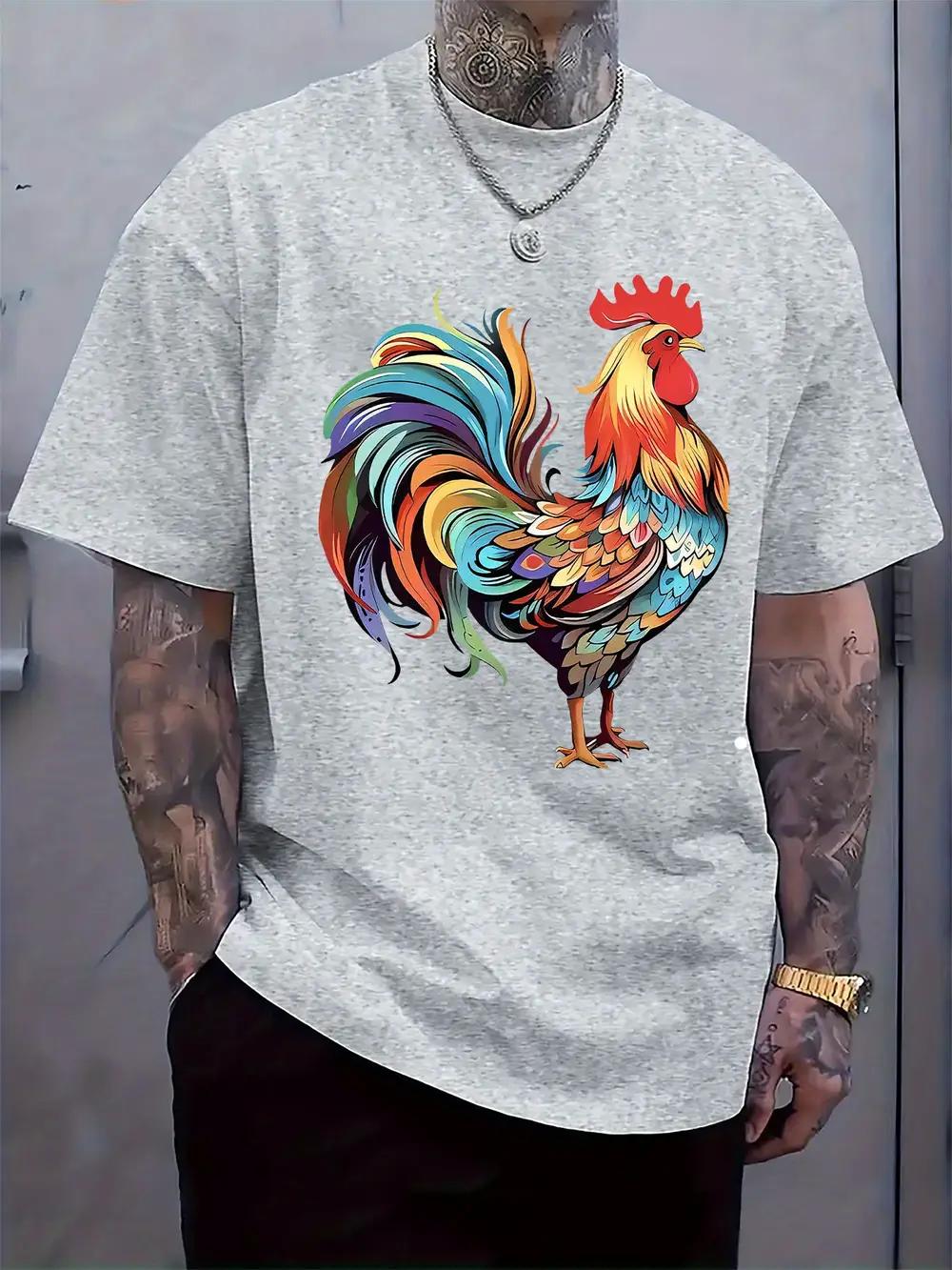 

Vibrant Rooster Print Short Sleeve T-shirt - Regular Fit Casual Summer Tee with Colorful Rooster Graphic S