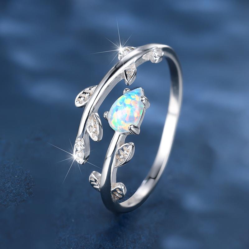 925 Sterling Silver Leaf Shape Elegant White Opal Ring for Women Adjustable Opening Ring Luxury Wedding Jewelry Gift