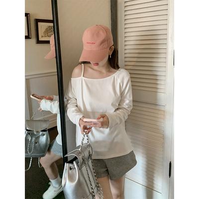 White Sloping Shoulder Sexy Irregular Off-shoulder Pure Desire Long-sleeved T-shirt Women's Early Autumn New Loose Lazy Bottoming Top