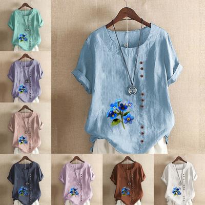 Women's Fashion Flowers Print Short Sleeve T-shirt Loose Cotton Shirt Casual Loose Summer Blouse Tops Plus Size