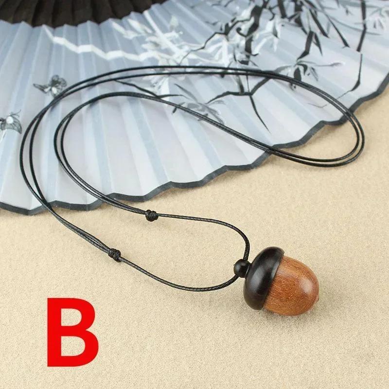 Vintage Sandalwood Acorn Pendant Necklace Simple Openable Acorn Shaped Box Pendant Long Sweater Chain Women's Minimalist Jewelry