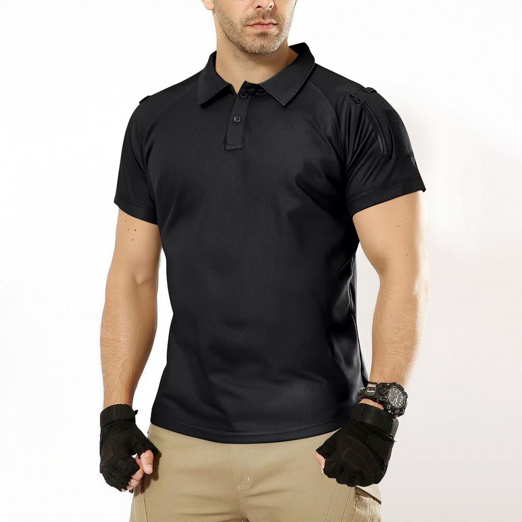 Men's Summer Solid Color Button Zipper Pocket Lapel Loose Short Sleeve Top