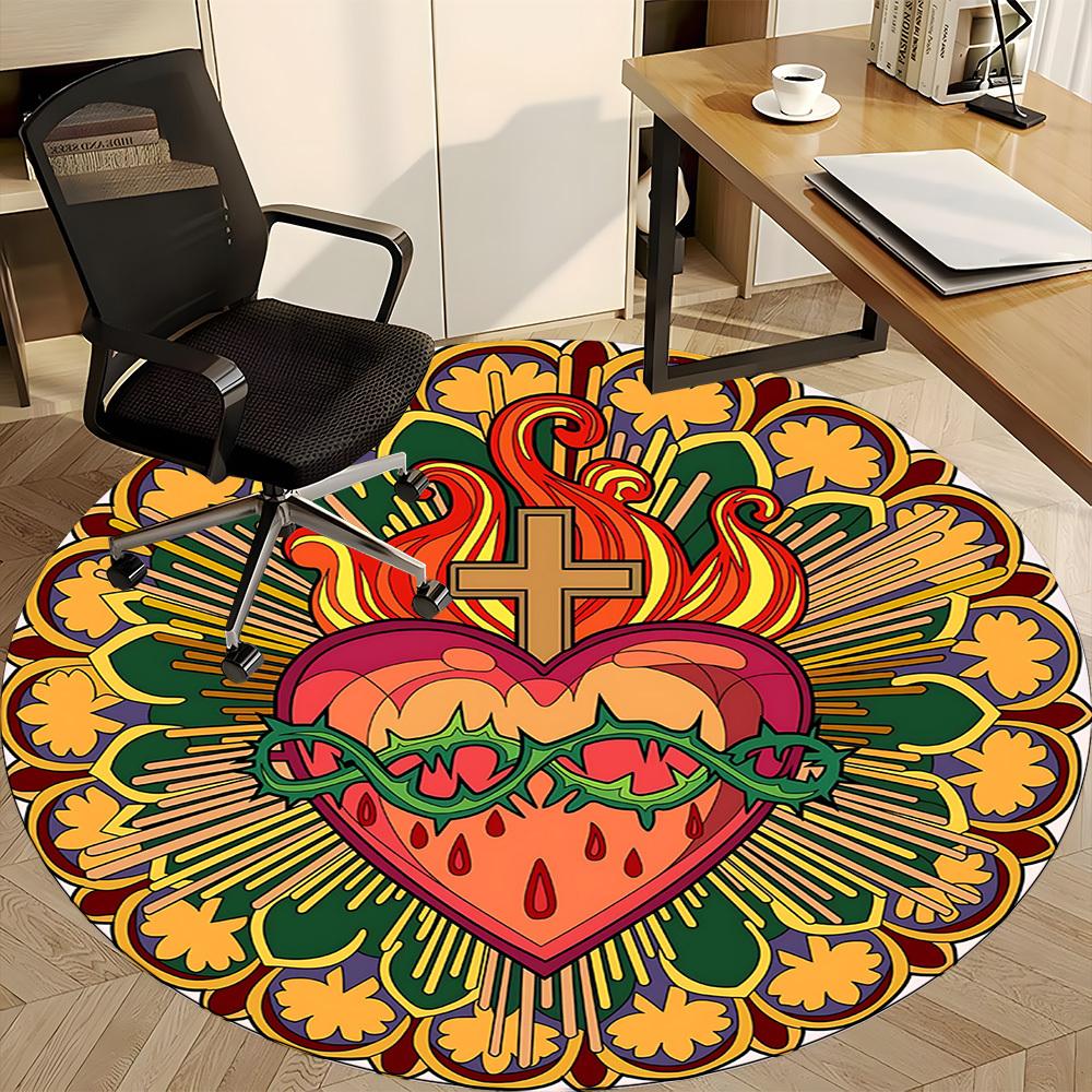 1pc Sacred Heart Carpet, Round Non Slip Durable Large Size Office Carpet, Suitable for Office