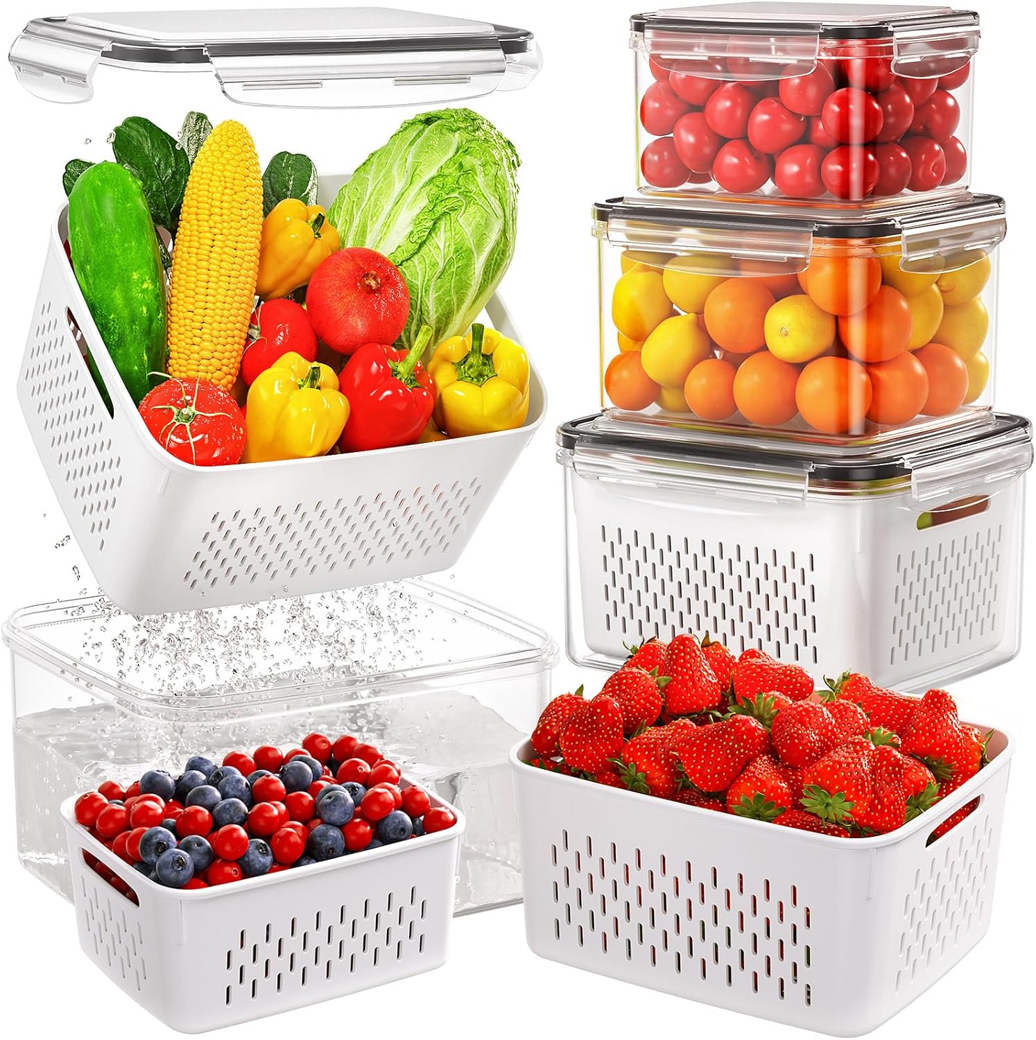 Fruit Storage Containers for Fridge Produce Containers with Removable Fruit Washing Bowl with Strainer for Salad Berry Lettuce