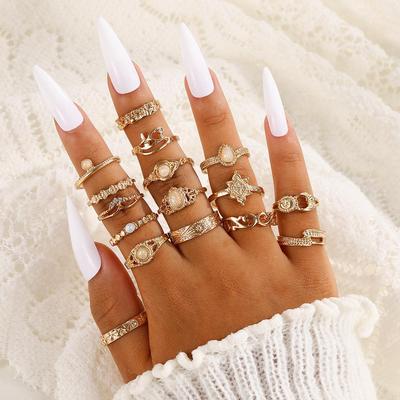 Gold Vintage Perlen Verstellbares Stapelbarer Ring Set - Mehrteiliges Damen Mode Ring Set