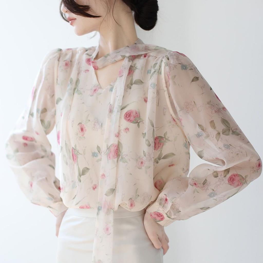 Blouse Women Pink Floral Tops Fall Newly Trendy Bow Vintage Gentle Sweet Casual French Puff Sleeve Ins Chic Stand Collar Lace-up