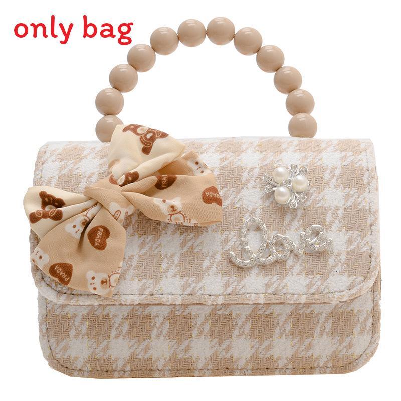 Fashion Simulation Pearl Bow Design Whoundstooth Pattern Children Shoulder Bag For Daily Use