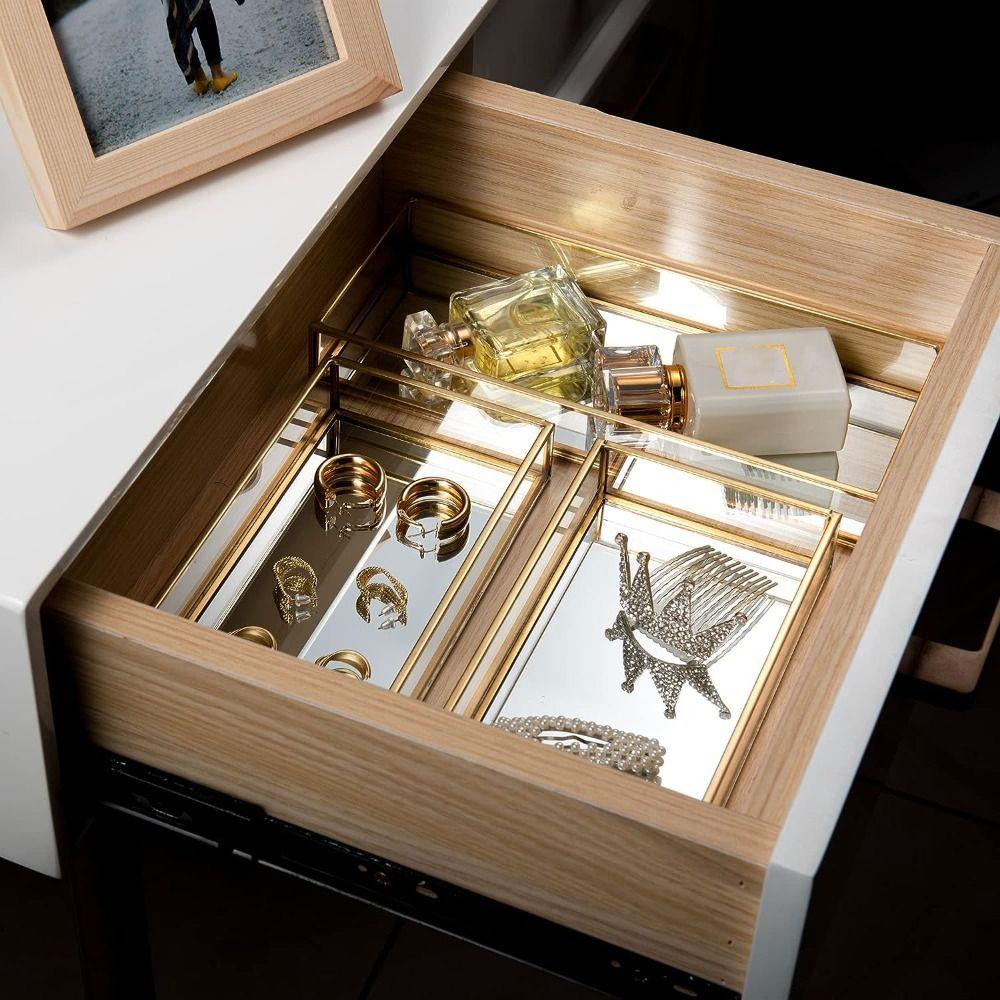 7.87*5.5*1.38 Inch Decorative Tray Gold Vintage Jewelry Tray Gold-rimmed Glass Storage Tray  Office
