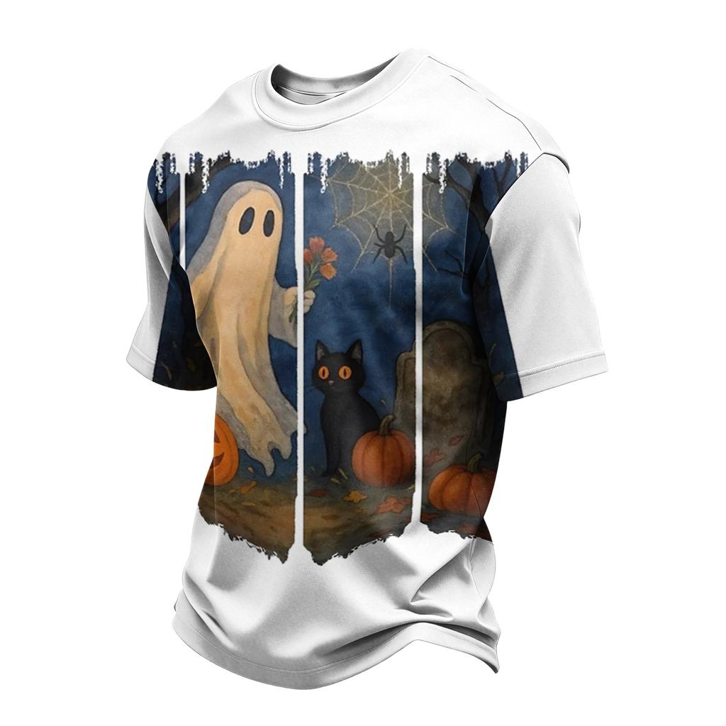 Men's Casual Printed Crew Neck Lightweight Breathable Short Sleeve Shirt Halloween Pattern Comfortable Fit