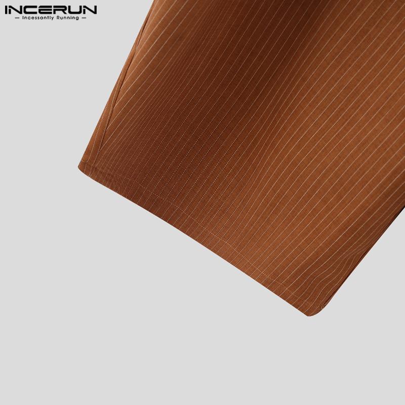 INCERUN Men Casual Loose Zip-up Waist Striped Baggy Wide Legs Pants Long Trousers