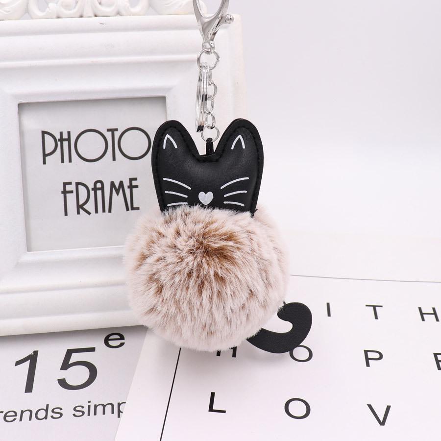 Adorable Black Kitten Keychain with Faux Fur Ball Charm - Cat Plush Toy Accessory Black cat (silver chain clasp)