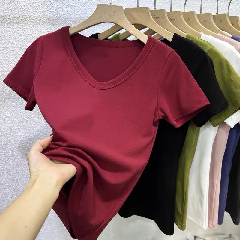 Solid Color V Neck Short Sleeve Slim Fit T-Shirt Basic Casual Top