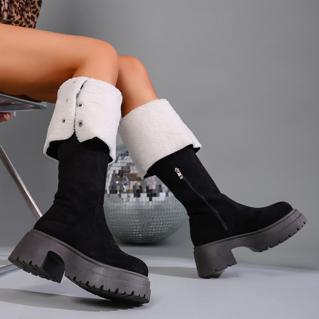 Shoes for Women Buckle Strap Women's Boots Retro Casual Knee-High Women's Boots Cotton Mouth Thick Bottom Shoes Ladies
