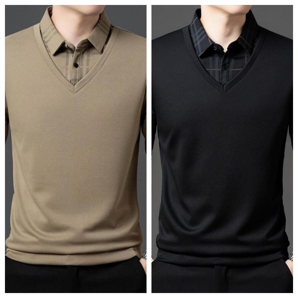 Men Fake Two Pieces Polo Shirts With Fleece Warm Winter Wear Casual Business Long Sleeve T-Shirts Autumn Clothing For Wholesales