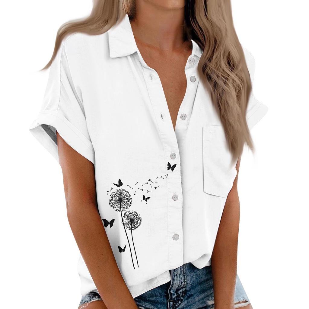 Women's Short Sleeved Shirt, Daily Fashion Printed Button Top, Chest Pocket Cardigan