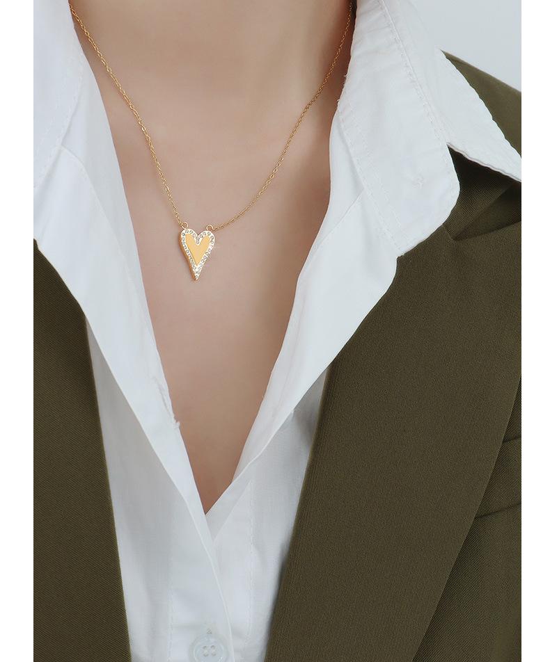 Korean Zircon Peach Heart Pendant Necklace in 18K Gold-Plated Titanium Steel