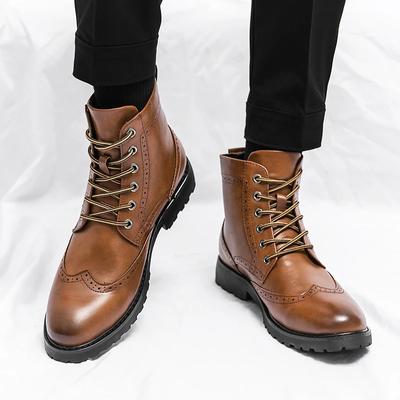 Męskie buty wysokie Block PU rzeźbione sznurowane niski obcas okrągły nosek klasyczne biznesowe formalne buty wygodne antypoślizgowe męskie buty