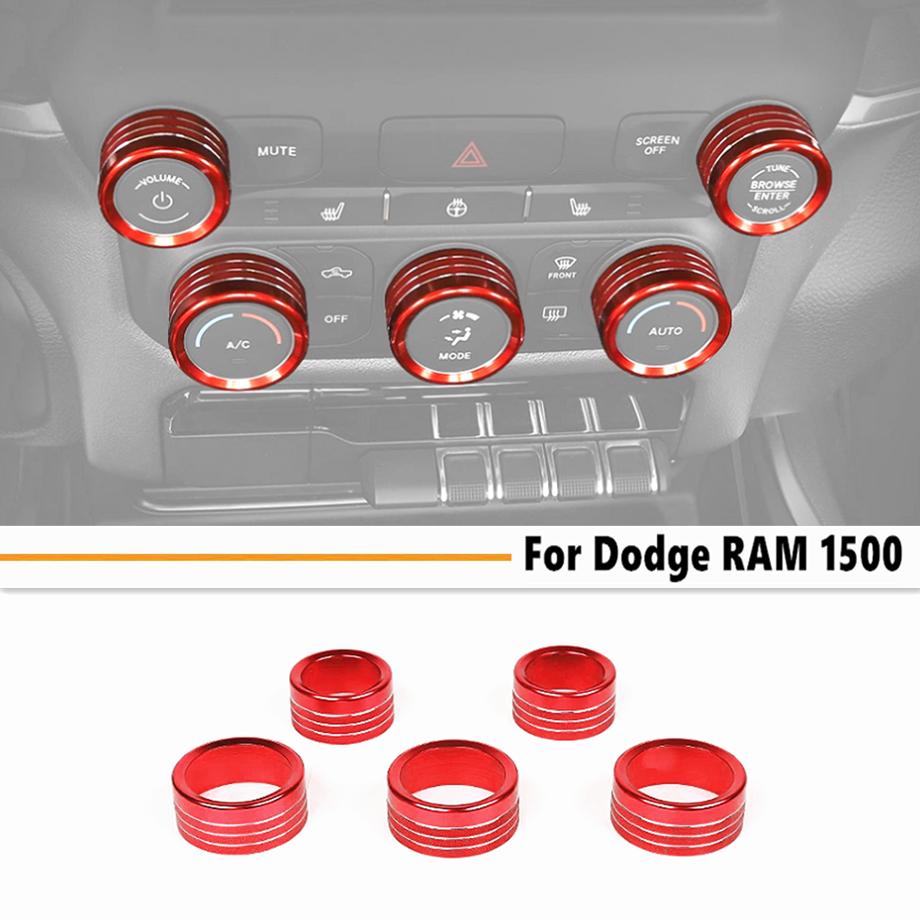 For Dodge Ram 1500 2019-2025 Red Interior A/C Radio Switch Knob Cover Trim Ring