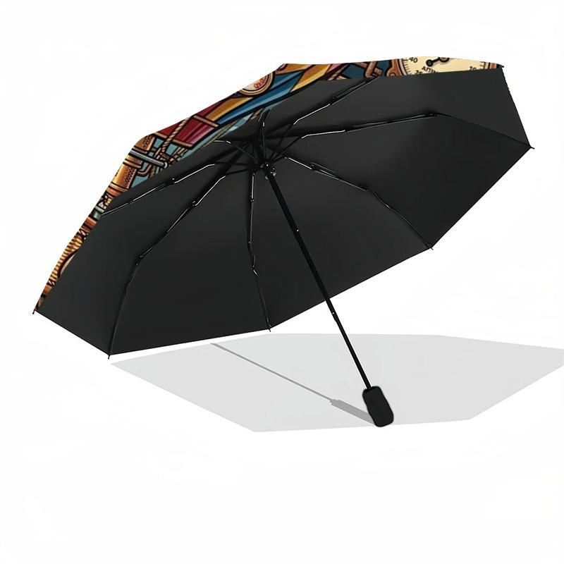 Steampunk Heißluftballon Reise Muster Regenschirm, tragbares und faltbares Design, 8 Speichen, ein lässiges Accessoire für Geburtstagsgeschenke von Freunden.